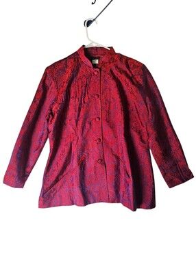 Silk Fire Vintage 100% Silk Red Purple Brocade Mandarin Collar Jacket XL